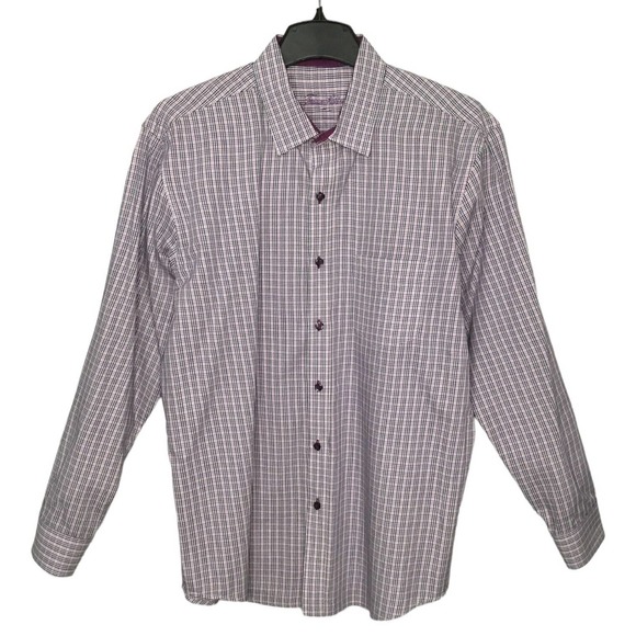 Tasso Elba Men’s Button Down Plaid 100% Cotton Long Sleeve Pocket Purple L - Picture 1 of 10